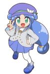  1girl :d blue_footwear blue_hair coat cocia_(kosianko) commentary_request flat_chest fushigiboshi_no_futago_hime green_eyes hat long_hair long_sleeves low-tied_long_hair magical_girl open_mouth pantyhose rein_(futagohime) skirt smile top_hat v white_background white_pantyhose wide_sleeves 