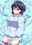  1girl black-framed_eyewear blue_hair blue_hoodie bob_cut breasts brown_eyes bubble clenched_teeth colored_inner_hair dark_blue_hair glasses hands_in_pockets hayami_shizuku_(kaii_to_otome_to_kamigakushi) hood hood_down hoodie kaii_to_otome_to_kamikakushi large_breasts looking_at_viewer multicolored_hair official_art purple_hair purple_thighhighs short_hair smile solo streaked_hair striped_clothes striped_thighhighs take_(shokumu-taiman) teeth thighhighs two-tone_hair water 