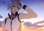 arm_up biceps blue_eyes cloud cloudy_sky expressionless eyelashes hakei hand_in_hair kingdom_hearts kingdom_hearts_3d_dream_drop_distance looking_at_viewer male_focus outdoors pale_skin riku signature silver_hair sky sleeveless solo 