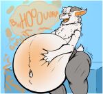 anthro belly belly_blush belly_tuft big_belly blush body_blush bottomwear bovid burp_cloud burping caprine cedarott chest_tuft clothing deep_navel different_sound_effects fluffy fur goat hand_on_belly hand_on_own_belly holding_belly horn huge_belly hyper hyper_belly ignam male mammal motion_lines navel neck_tuft onomatopoeia orange_belly orange_ears orange_eyes orange_tongue pants rumbling_stomach simple_background solo sound_effects sweatpants text tongue tuft vore white_body white_fur
