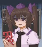  1girl black_necktie brown_hair duhota hat highres himekaidou_hatate necktie open_mouth pointy_ears puffy_short_sleeves puffy_sleeves purple_eyes shaded_face shirt short_sleeves solo tokin_hat touhou twintails upper_body white_shirt 