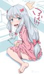  1girl bangs blue_eyes blush bow commentary_request embarrassed eromanga_sensei eyebrows_visible_through_hair grey_hair hair_bow highres inu_(aerodog) izumi_sagiri long_hair looking_at_viewer looking_back low-tied_long_hair open_mouth pajamas panties panty_peek panty_pull peeing_in_bottle shorts shorts_pull silver_hair soles solo tareme thighs turning_head twitter_username underwear wavy_mouth white_panties 