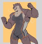  anime_style anthro big_pecs bodily_fluids brown_body brown_fur bulge cheering clothing flexing flexing_bicep flexing_both_biceps flexing_muscles fur male mammal muscular musk mustelid otter p0sporo pecs simple_background solo sweat wet wet_clothing wrestler wrestling_singlet 