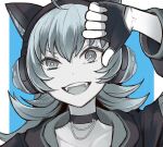  1girl ahoge animal_ear_headphones animal_ears bad_id bad_twitter_id bang_dream! blue_background border cat_ear_headphones choker fake_animal_ears fangs fingerless_gloves gloves hair_between_eyes hand_up headphones long_hair long_sleeves looking_at_viewer open_mouth shiontaso smile solo tamade_chiyu thumbs_down upper_body white_border 