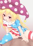  1girl alternate_legwear american_flag_dress american_flag_legwear blonde_hair blush breasts censored clothed_female_nude_male clownpiece commentary_request cowgirl_position dress gradient gradient_background hat hetero highres jester_cap long_hair microdress mosaic_censoring nasunegiuni neck_ruff nude penis pink_eyes polka_dot pussy sex short_sleeves small_breasts solo_focus straddling thighhighs thighs touhou vaginal very_long_hair 