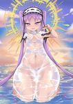  1girl barefoot blush bracelet dress fate/grand_order fate/hollow_ataraxia fate_(series) flat_chest hairband jewelry navel open_mouth panties purple_eyes purple_hair ribbon ring see-through stheno twintails very_long_hair water wet 
