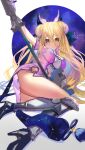  1girl absurdres blonde_hair boots breasts cleavage constellation_print date_a_live double_bun dress gloves hair_between_eyes hair_bun high_heels highres hoshimiya_mukuro key kouhiipan large_breasts long_hair looking_at_viewer lying on_side pink_dress solo star_(sky) thighs weapon yellow_eyes 