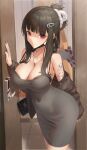 1girl absurdres airpods arm_tattoo bag barcode barcode_tattoo black_hair black_nails breast_tattoo breasts cleavage closed_mouth covered_navel curvy d_(killer_wife)_(nikke) d_(nikke) doorway dos_(ehgns007kr) dress goddess_of_victory:_nikke grey_dress hair_bun hair_ornament hairclip handbag highres large_breasts mask mask_pull mouth_mask red_eyes smile solo spaghetti_strap strap_gap tattoo wireless_earphones 