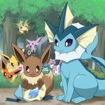  animal_focus blue_eyes blush bright_pupils brown_eyes colored_sclera eevee enohito espeon evolutionary_stone fins flareon fluffy glaceon heart highres jolteon konanbo leafeon looking_down neck_fur no_humans pokemon pokemon_(creature) purple_eyes red_eyes red_sclera sitting smile sylveon tree umbreon unwrapping vaporeon water_stone white_pupils 