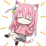  1girl animal_ears blush bocchi_the_rock! cat_ears cat_girl cat_tail chibi closed_eyes cube_hair_ornament full_body gotoh_hitori hair_ornament highres jacket kotatsu-mazoku loafers long_hair long_sleeves one_side_up pink_hair pleated_skirt shoes skirt smile socks solo tail track_jacket 