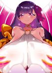  aloe_(kenkou3733) arms_at_sides bangs blush breasts claws cleavage closed_mouth commentary_request corset covered_nipples eyebrows_visible_through_hair fate/grand_order fate_(series) gigantic_breasts hair_ribbon highres huge_breasts long_hair o-ring o-ring_top passion_lip purple_hair purple_ribbon red_eyes ribbon smile solo upper_body 
