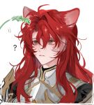  1boy ? animal_ear_fluff animal_ears antenna_hair argenti_(honkai:_star_rail) armor breastplate cat_ears cat_teaser commentary_request cropped_shoulders curtained_hair eyelashes gold_trim green_eyes hair_between_eyes highres honkai:_star_rail honkai_(series) long_hair male_focus multicolored_hair oryunbunkosu parted_bangs parted_lips pauldrons red_hair shoulder_armor sidelocks simple_background solo upper_body white_background white_hair 