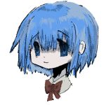  1girl blue_eyes blue_hair bob_cut bow bowtie chinese_commentary closed_mouth commentary_request empty_eyes highres jaggy_lines looking_at_viewer mahou_shoujo_madoka_magica mahou_shoujo_madoka_magica_(anime) miki_sayaka mitakihara_school_uniform portrait red_bow red_bowtie school_uniform simple_background smile solo white_background wumingshi33315 