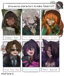  3boys 4girls artist_self-insert black_bow blood blood_on_face blue_eyes blue_hair blue_necktie bow brown_eyes brown_hair e.g.o_(project_moon) faust_(project_moon) glasses gregor_(project_moon) hair_bow heathcliff_(project_moon) heterochromia high_ponytail highres hong_lu_(project_moon) ishmael_(project_moon) limbus_company long_hair low_ponytail medium_hair multiple_boys multiple_drawing_challenge multiple_girls muu_037 necktie one_eye_closed orange_hair outis_(project_moon) parted_lips pink_eyes pink_ribbon project_moon purple_eyes ribbon sidelocks simple_background six_fanarts_challenge sunglasses very_long_hair white_background white_hair 