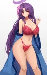  1girl blue_archive blush bra breasts cleavage closed_mouth collarbone feet_out_of_frame fingernails halo haori highres japanese_clothes large_breasts long_hair nail_polish navel notte panties purple_eyes purple_hair purple_halo purple_nails red_bra red_panties simple_background smile solo underwear white_background yukari_(blue_archive) 