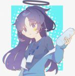  1girl black_hair black_shirt blue_archive blue_eyes blue_jacket bottle breasts halo highres holding holding_bottle jacket long_hair long_sleeves looking_at_viewer off_shoulder parted_lips ponytail purple_hair shirt simple_background solo sparkle star_sticker sticker_on_face uou_sleep upper_body yuuka_(blue_archive) yuuka_(track)_(blue_archive) 