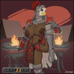 absurd_res accipitrid accipitriform anthro armor avian bald_eagle beak big_breasts bird brazier breasts brown_body brown_feathers clothed clothing eagle eyeshadow feathers female fire greasymojo greaves headgear helmet hi_res huge_breasts knight looking_at_viewer makeup sea_eagle solo thong topless unconvincing_armor underwear warrior