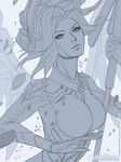  artist_name bodysuit breasts emblem eyelashes eyeshadow flat_color grey_background greyscale high_ponytail highres holding holding_staff lineart lips looking_at_viewer makeup mechanical_halo mechanical_wings medium_breasts mercy_(overwatch) michelle_hoefener monochrome nose overwatch parted_lips patreon_logo petals signature simple_background sketch smile solo staff upper_body watermark web_address wings work_in_progress 