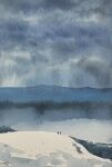  2others blue_sky cliff cloud cloudy_sky day highres mouen_tw mountain mountainous_horizon multiple_others original painting_(medium) scenery sky snow traditional_media watercolor_(medium) 
