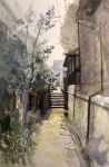  alley building bush grass highres mouen_tw no_humans original painting_(medium) path plant road shadow stairs street town traditional_media tree watercolor_(medium) 