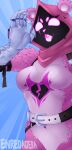  absurd_res anthro armored_gloves bear belt blue_background breasts chest_tattoo enredadera epic_games eye_scar facial_scar featureless_breasts fellatio_gesture female fortnite fur gesture hi_res looking_at_viewer mammal navel obscured_face pink_body pink_fur pink_hood raven_team_leader scar simple_background small_breasts solo sparkles suggestive suggestive_gesture tattoo white_body white_eyes white_fur wide_hips 