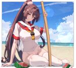  1girl alternate_costume baseball_cap beach beach_towel blue_sky bokken breasts brown_hair closed_mouth cloud commentary_request covered_navel food fruit hair_intakes hat highres himeyamato kantai_collection large_breasts legs_apart long_hair ocean parted_bangs planted planted_sword red_eyes revision sand school_uniform see-through see-through_shirt serafuku sidelocks sitting sky solo suikawari swimsuit swimsuit_under_clothes sword thighhighs towel very_long_hair watermelon weapon white_thighhighs wooden_sword yamato_(kancolle) yokozuwari 