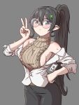  black_eyes black_hair black_pants breasts brown_sweater glasses grey_background hair_between_eyes hair_ornament hand_on_own_hip highres hilde_(trickcal) id_card large_breasts long_hair looking_at_viewer pabenia pants partially_unbuttoned ponytail ribbed_sweater shirt sideboob sweater trickcal turtleneck v very_long_hair white_shirt x_hair_ornament 