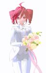  1girl ahoge bouquet bow bowtie commentary drill_hair flower formal highres holding holding_bouquet jacket kasane_teto long_sleeves looking_at_viewer nan_(71nnmo) red_eyes red_hair ribbon rose smile solo suit thigh_gap traditional_bowtie twin_drills utau 