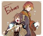  1girl blonde_hair bracelet breastplate brother_and_sister brown_background brown_eyes brown_hair cape copyright_name dyute_(fire_emblem) fang fire_emblem fire_emblem_echoes:_mou_hitori_no_eiyuuou hair_over_one_eye jewelry long_hair low_ponytail luthier_(fire_emblem) multicolored_hair open_mouth ponytail red_hair rnolriko siblings simple_background two-tone_hair upper_body 