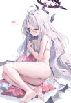  1girl ass barefoot black_horns black_wings blue_archive blush bra breasts closed_mouth demon_horns demon_wings grey_bra grey_hair grey_panties halo heart highres hina_(blue_archive) hina_(pajamas)_(blue_archive) horns huwari_(dnwls3010) long_hair multiple_horns official_alternate_costume pajamas panties pink_pajamas polka_dot polka_dot_pajamas purple_eyes simple_background small_breasts soles solo toes underwear white_background wings 