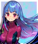  1girl blue_background blue_hair bodysuit breasts clenched_teeth commentary_request highres kula_diamond long_hair looking_at_viewer medium_breasts onono_imoko purple_bodysuit red_eyes smile solo teeth the_king_of_fighters upper_body zipper 