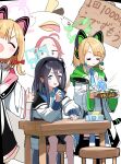  4girls absurdly_long_hair animal_ear_headphones animal_ears aris_(blue_archive) black_hair black_hairband black_skirt blonde_hair blue_archive blue_eyes blue_halo blue_necktie blush bow closed_eyes collared_shirt fake_animal_ears game_development_department_(blue_archive) green_bow green_halo hair_bow hairband halo headphones highres jacket long_hair long_sleeves midori_(blue_archive) momoi_(blue_archive) multiple_girls necktie one_side_up open_clothes open_jacket open_mouth peroro_(blue_archive) pink_halo pleated_skirt red_hair shirt short_hair siblings simple_background sisters sitting skirt smile takuan_(taku1219oekaki) twins very_long_hair white_background white_jacket white_shirt yuzu_(blue_archive) 