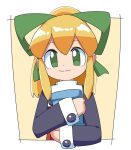  1girl android black_border blonde_hair border cocia_(kosianko) commentary_request energy_tank green_eyes green_ribbon hair_ribbon holding long_hair long_sleeves looking_at_viewer mega_man_(classic) mega_man_(series) ponytail ribbon roll_(mega_man) sidelocks simple_background smile solo 