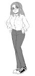 1girl :d full_body glasses greyscale hands_on_own_hips highres long_hair long_sleeves looking_at_viewer monochrome original pabenia pocket shirt shoes smile sneakers solo standing white_background 