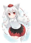  absurdres animal_ears hat highres inubashiri_momiji kibisake red_eyes ribbon-trimmed_sleeves ribbon_trim shirt short_hair simple_background skirt smile tail tokin_hat touhou white_background white_hair wide_sleeves wolf_ears wolf_tail 