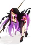  1girl breasts cleavage dress fate/grand_order fate/stay_night fate_(series) hood medusa_(lancer)_(fate) medusa_(lancer_alter)_(fate) purple_eyes purple_hair rider shoes very_long_hair 