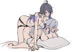  2girls all_fours black_hair black_nails breasts bronya_rand commentary completely_nude dildo earrings english_commentary finger_to_another&#039;s_mouth grey_hair highres honkai:_star_rail honkai_(series) jewelry large_breasts long_hair medium_breasts mie_xing multicolored_hair multiple_girls necklace nipples nude pillow purple_hair seele_(honkai:_star_rail) sex_toy simple_background strap-on streaked_hair white_background yuri 