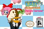  1boy 1girl absurdres alien ass black_eyes blue_eyes bottomless bow brown_hair collar colored_skin dress fairy fart highres kirby:_star_allies kirby_(series) kirby_64 messy nathaniel_villega non-web_source orange_skin parody pink_hair poop red_bow red_dress ribbon_(kirby) scat smell tongue tongue_out toon_(style) tuxedo white_collar 