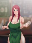  1girl apron blurry blurry_background breasts cleavage collarbone cup green_apron grey_eyes hair_ornament hairclip highres holding holding_cup holding_marker huge_breasts iced_latte_with_breast_milk_(meme) lactation lactation_through_clothes long_hair looking_at_viewer marker mature_female meme naked_apron naruto naruto_(series) naruto_shippuuden nervous_smile parted_lips red_hair smile solo starbucks straight_hair sweat swept_bangs teeth uzumaki_kushina z_ero_s 