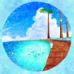  blue_sky blue_theme canvas_texture cat cloud contrail cumulonimbus_cloud fish highres looking_at_animal no_humans ocean original outdoors oyuge_design palm_tree round_image scenery sitting sky summer tree water 