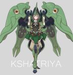  1girl 8823 armored_boots boots brown_pants character_name crossed_arms full_body green_footwear grey_background gundam gundam_unicorn highres humanization knee_boots kshatriya mecha_musume orange_eyes pants red_lips simple_background smile solo standing vernier_thrusters 