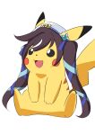  1girl akame00 animal animal_ears blush_stickers commentary_request hair_between_eyes hair_ornament hat highres long_hair open_mouth pikachu pokemon pokemon_(creature) simple_background sitting solo tail twintails umamusume vivlos_(umamusume) white_background 