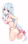  :o armpits ass bangs bare_shoulders blue_hair blunt_bangs blush bow bra breasts colored_eyelashes commentary_request cropped_legs embarrassed eromanga_sensei from_behind gradient_hair grey_background hair_bow highres izumi_sagiri kamon_(shinshin) leaning_forward long_hair looking_back low-tied_long_hair medium_breasts multicolored_hair open_mouth panties pink_bow pink_bra pink_hair pink_panties raised_eyebrows side-tie_panties sideboob sidelocks simple_background solo standing tareme thighs underwear underwear_only untied untied_panties very_long_hair 