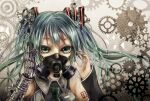  1girl blacksio blue_eyes blue_hair collared_shirt detached_sleeves gears hair_ornament hands_up hatsune_miku long_hair long_sleeves looking_at_viewer mechanical_arms nail_polish necktie respirator shirt single_mechanical_arm sleeveless sleeveless_shirt solo twintails vocaloid 