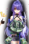 1girl 1other acheron_(honkai:_star_rail) armor bandaged_arm bandaged_leg bandages belt black_belt black_choker black_gloves black_shorts breasts candy chain chain_around_arm choker cleavage closed_mouth coat coattails commentary_request cowboy_shot elbow_gloves eyes_visible_through_hair food frown gloves hair_intakes hair_ornament hair_over_one_eye highres holding holding_candy holding_food honkai:_star_rail honkai_(series) large_breasts long_hair looking_at_object midriff motsushi multicolored_hair purple_eyes red_petals shaded_face short_shorts shorts shoulder_armor single_bare_shoulder single_elbow_glove solo_focus streaked_hair thighs thumbs_up trick_snack_(honkai:_star_rail) twitter_username white_coat 