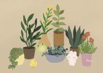  :&lt; animal animal_focus ayu_(mog) bird brown_background chick closed_eyes closed_mouth commentary_request flower frog mixed-language_commentary no_humans original plant potted_plant rabbit red_flower signature simple_background yellow_flower 