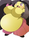  2_toes 3_fingers :3 :d anthro belly big_belly big_breasts blush breasts chinchira_(pixiv13404505) digital_media_(artwork) female happy humanoid kemono looking_away mawile mega_evolution mega_mawile nintendo open_mouth overweight pink_eyes pok&eacute;mon shiny_pok&eacute;mon shiny_skin simple_background solo toes tongue video_games white_background yellow_body 