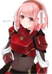  1girl armor bodystocking braid breastplate cape commentary english_commentary fire_emblem fire_emblem_engage grey_hairband hair_ribbon hairband highres lapis_(fire_emblem) lizdrawsen navel pink_eyes pink_hair red_armor red_cape red_hairband ribbon side_braid two-tone_hairband white_ribbon 