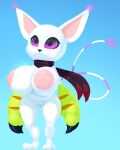  anthro areola bandai_namco big_areola big_breasts breasts claw_(weapon) dibujosv12 digimon digimon_(species) female gatomon genitals hi_res melee_weapon nude paws purple_eyes pussy scarf short_stack simple_background solo weapon 