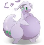  2_fingers 2_toes :d antennae anthro belly big_belly breasts chinchira_(pixiv13404505) digital_media_(artwork) dragon female gastropod goodra green_eyes invalid_tag japanese_text kemono multicolored_body nintendo overweight pok&eacute;mon purple_body shadow simple_background slug smile solo text toes tongue video_games white_background 